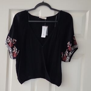La Hearts Black Blouse with Red and White Embroidery